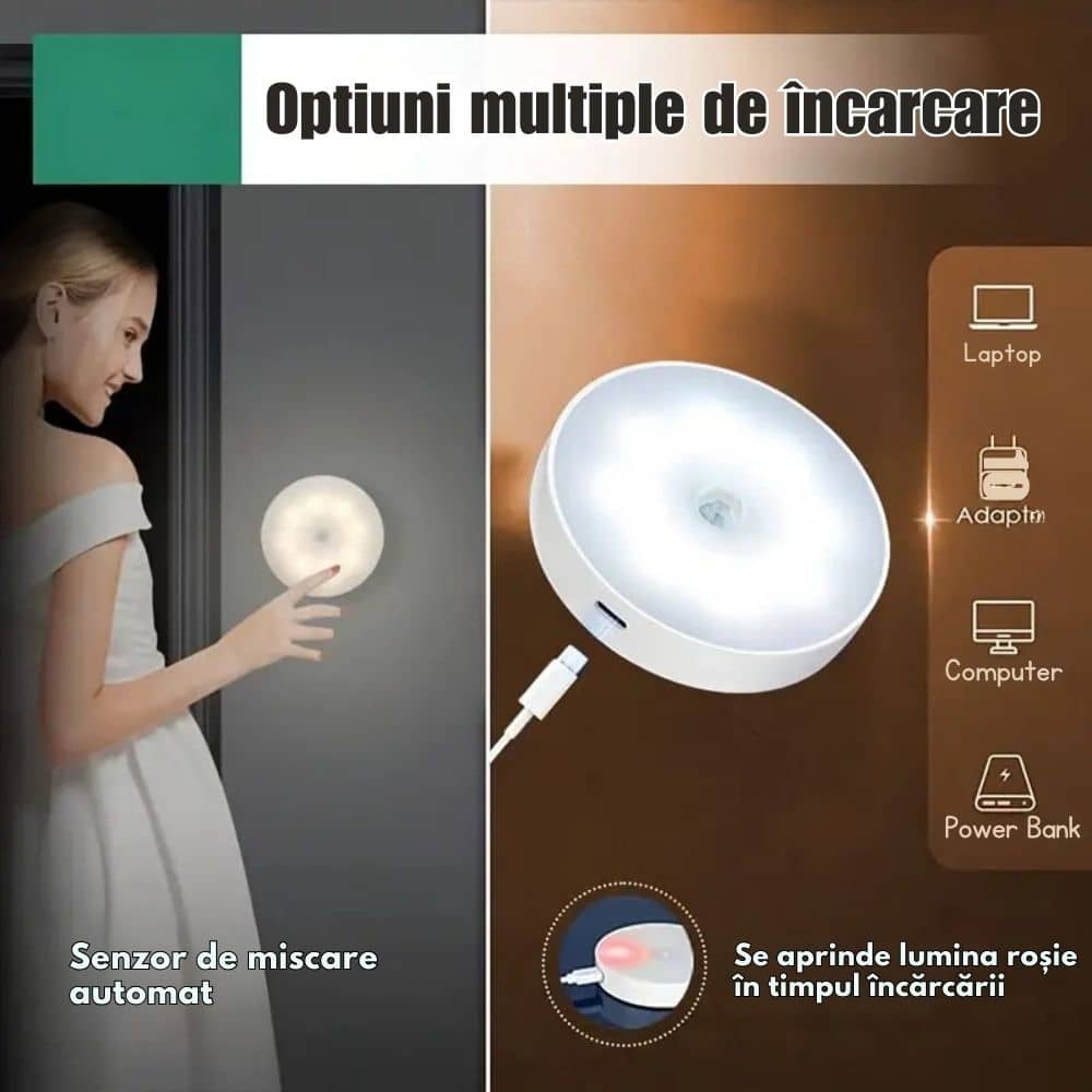 Set 2x lumini de perete cu senzor de mișcare, reincarcabila prin USB